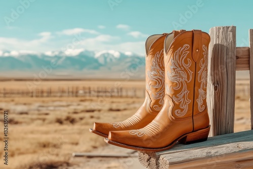 Intricate Tan Leather Western Boots Displayed on a Wooden Fence With Mountains in the Background Under a Clear Blue Sky