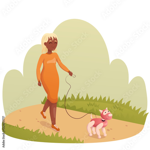 Vector illustration of an elderly black woman walking with a robot dog