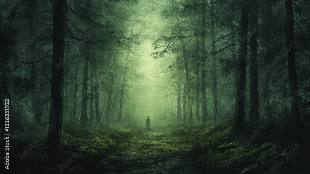 Obraz premium A solitary figure walks into the dark and misty forest