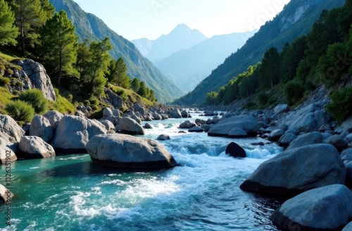 Flowing river through rocky terrain under majestic mountains in daylight
