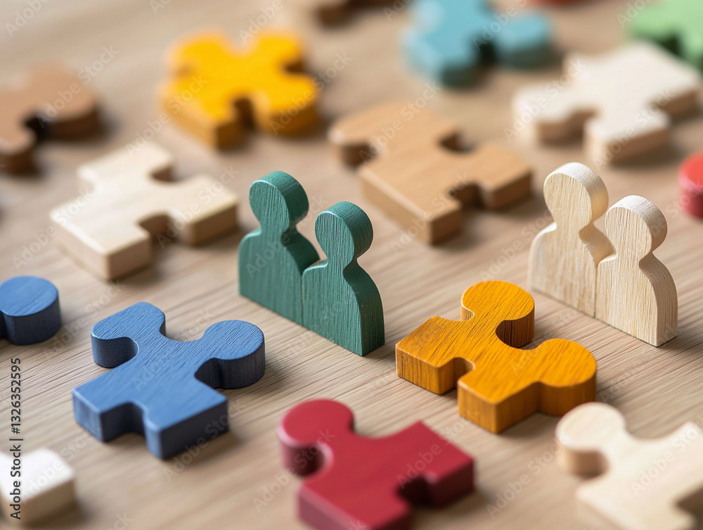 Fototapeta premium Team collaboration puzzle pieces office desk wooden figurines casual workspace top-down view problem solving dynamics