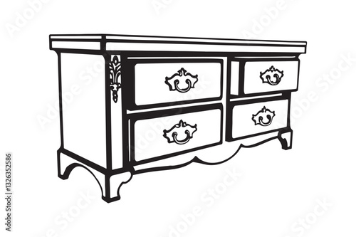 Silhouette of an antique wooden dresser vector art illustration
