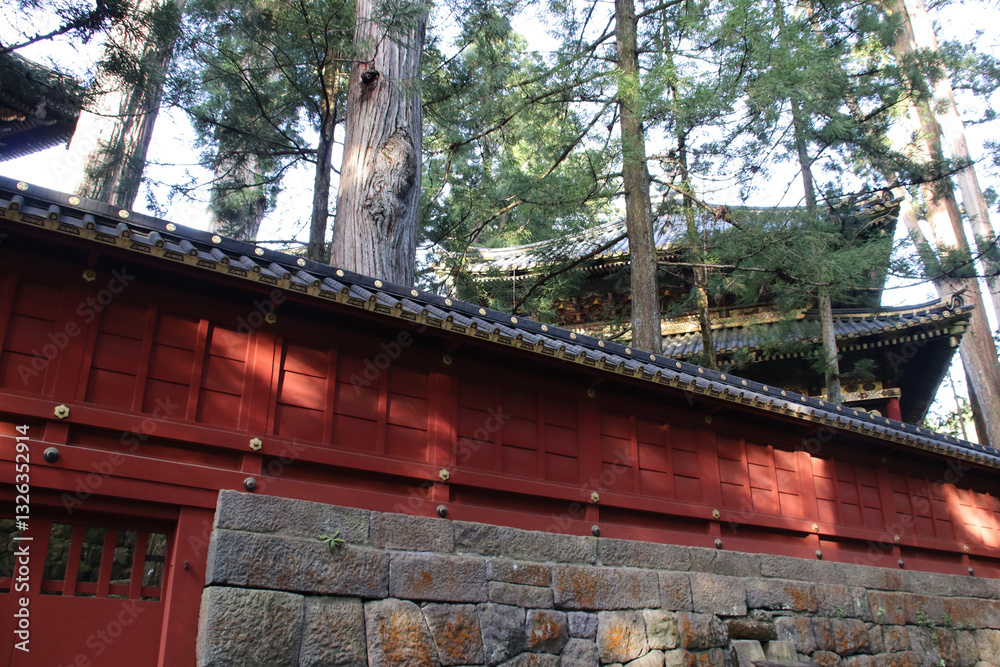 wood palisade and pavilion in a temple in nikko in japan
