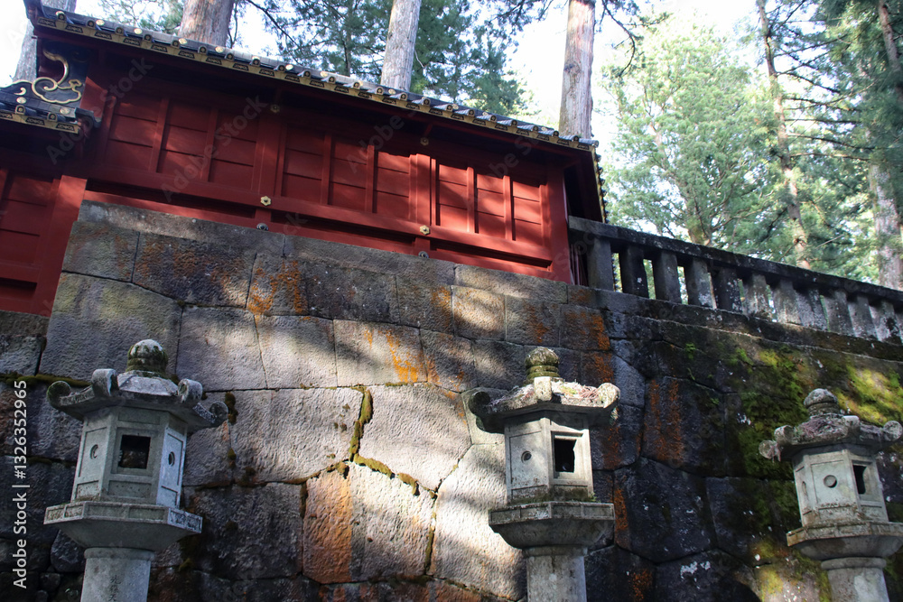 wood and stone palisades in a temple in nikko in japan