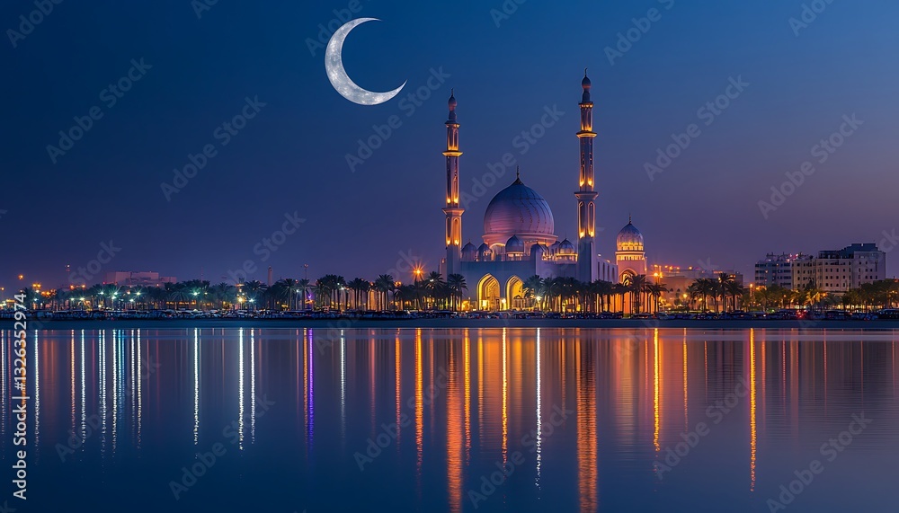 Fototapeta premium Illuminated Mosque with Domes and Minarets Reflecting in Water at Night