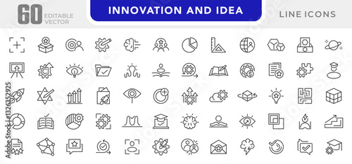 Innovation and Idea line icon set. Containing problem-solving, light bulb, idea, strategy, creativity, innovation, solution, investment, pitch, teamwork line icon set. UI thin line icon pack.