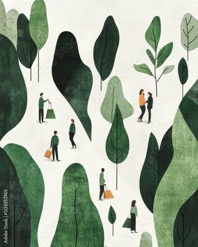 People walking, shopping illustration shows diverse individuals in a stylized park environment with trees and carrying bags