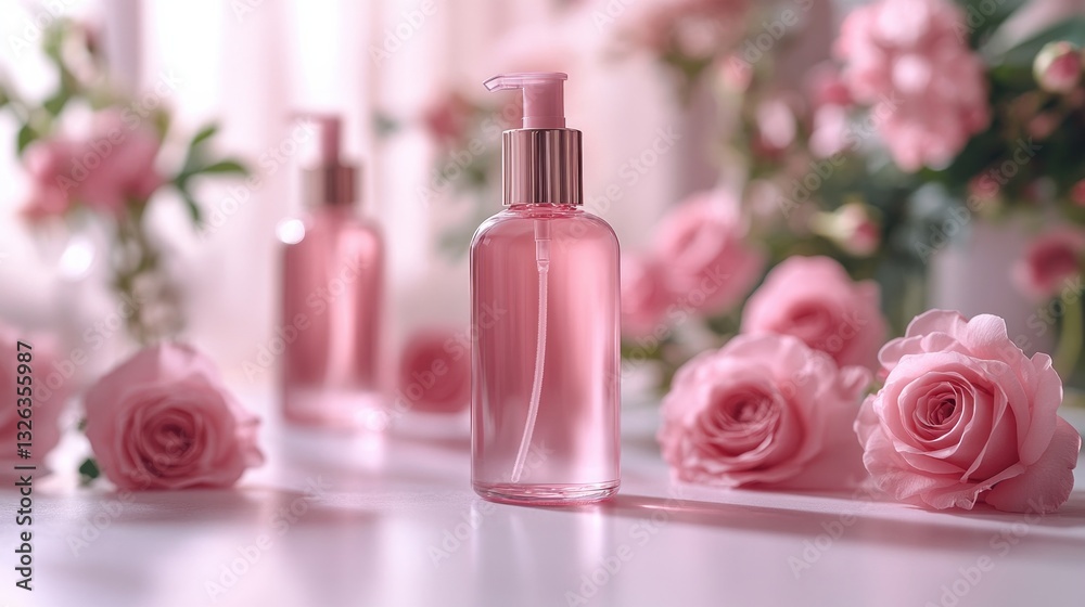 On a white table is a bottle of unmarked mineral spray. Fresh roses and a pink background may be seen behind it. This is a cosmetic product advertising. On a white table is a bottle of unmarked mineral spray. Fresh roses and a pink background may be seen behind it. This is a cosmetic product advertising.