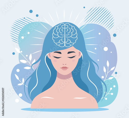  International Mental Health Day. Women's mental health. Vector gentle illustration of woman girl in harmony and calm in head brain. Psychotherapy or psychology concept for health projects