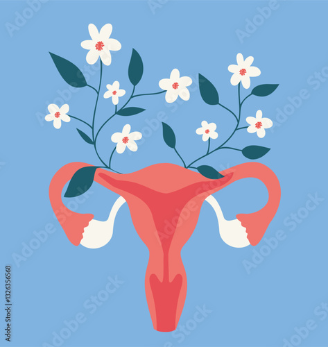  International Women's Health Day. Vector illustration of female uterus with flowers symbol of health and care on soft blue background. Women's health concept, menstrual cycle, ovulation, gynecology