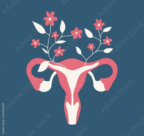  International Women's Health Day. Vector illustration of female uterus with flowers symbol of health and care on blue background. Women's health concept, menstrual cycle, ovulation, gynecology