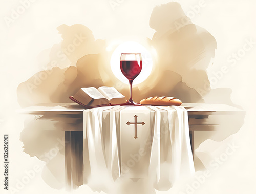 Eucharistic Symbols ; Bread, Wine, and the Bible on a Sacred Table