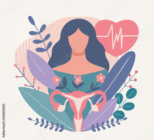  International Women's Health Day. Vector illustration of woman and female uterus with flowers and leaves as a symbol of health and care. Women's health concept, menstrual cycle, ovulation, gynecology