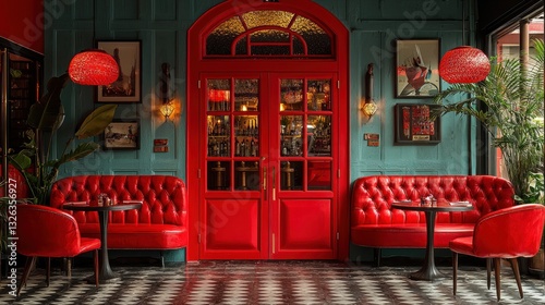 Red booths and red door in a teal-walled bar.