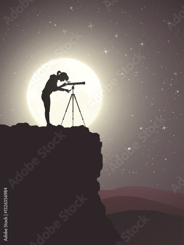 Woman and telescope on rock. Astronomer at work. Moonlight, full moon