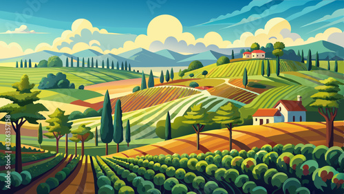 vineyard, with view of rolling hills and blue skies, created with 