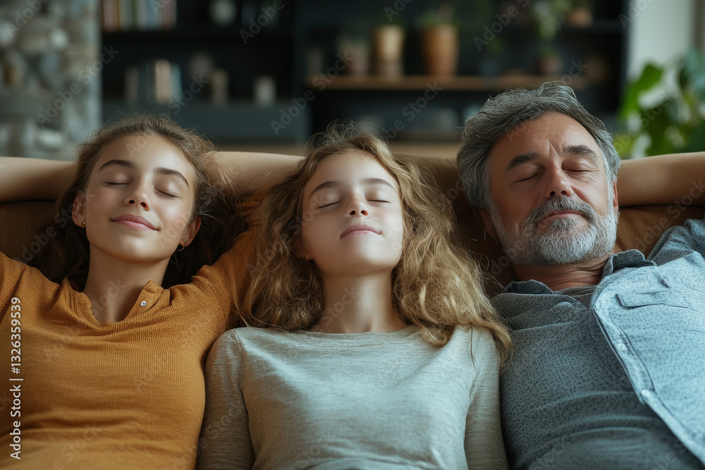 Obraz premium family resting comfortably on a sofa with their eyes closed, embracing peace and relaxation.