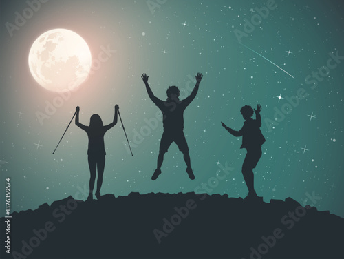 Jumping people on mountain top. Weekend climbing. Moonlight night