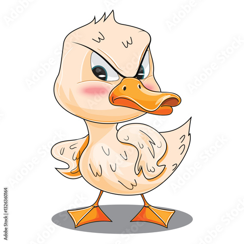 Outline colourful style depiction of a disgruntled duck gazing downward, isolated on white