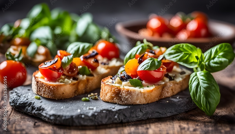 Bruschetta with cherry tomato and basil on rustic stone board Bruschetta with cherry tomato and basil on rustic stone board