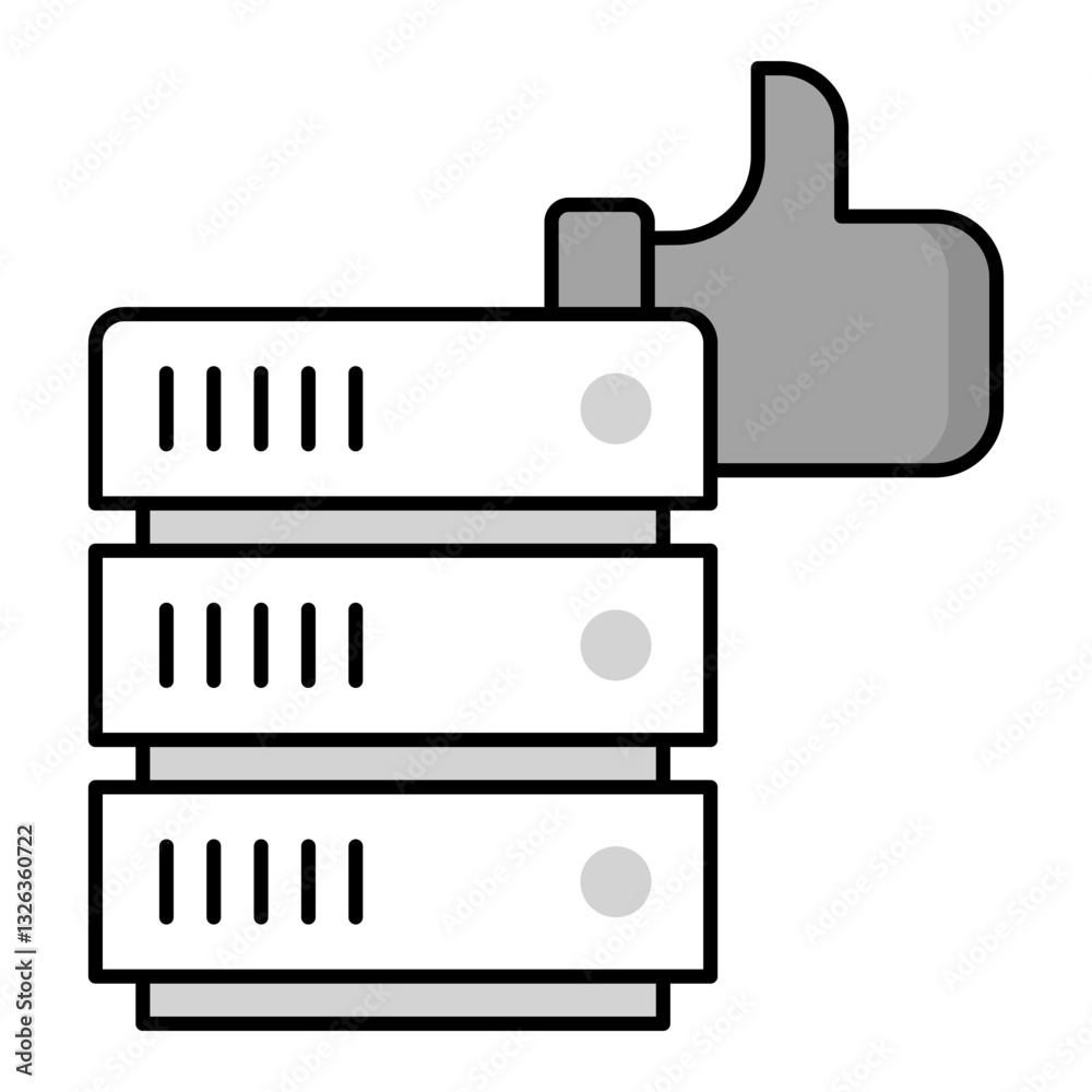 Server stack icon with a thumbs-up representing verified data, system approval, compliance validation, and secure server authentication Server stack icon with a thumbs-up representing verified data, system approval, compliance validation, and secure server authentication