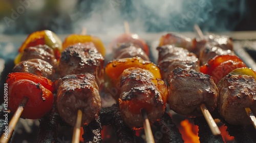 Beef and lamb kebabs on the grill with vegetables.