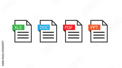 File format extensions. doc, xls, ppt, pdf file format document icons.	
