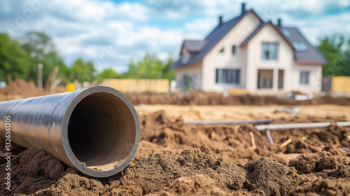 Wallpaper Mural large pipes on the ground in the yard of the house, construction work in the yard, laying drainage in the yard, sewer pipe in the yard, generative ai Torontodigital.ca
