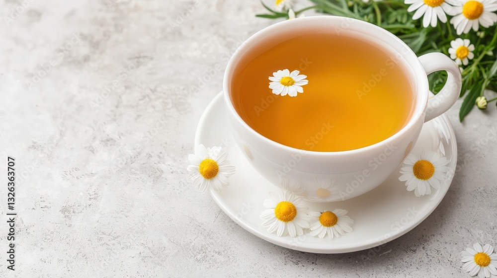 Antioxidant Extracts plant based concept. A delicate cup of herbal tea with chamomile flowers floating on top. Antioxidant Extracts plant based concept. A delicate cup of herbal tea with chamomile flowers floating on top.