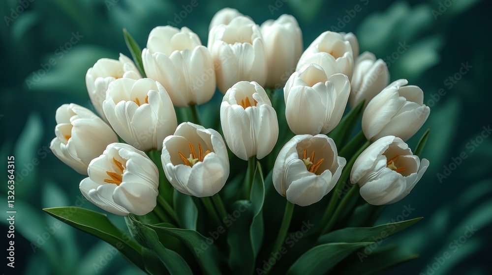 Photographed from above, a vivid and fresh spring bouquet is created by white tulips blossoming against a rich green backdrop. Photographed from above, a vivid and fresh spring bouquet is created by white tulips blossoming against a rich green backdrop.