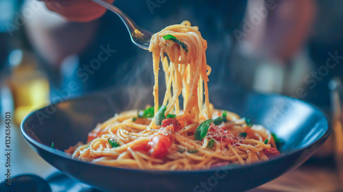 Delicious pasta being served from a bowl with steam rising in a cozy restaurant