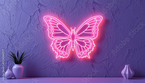 Neon Butterfly on Purple Wall for Nightlife and Club Decor