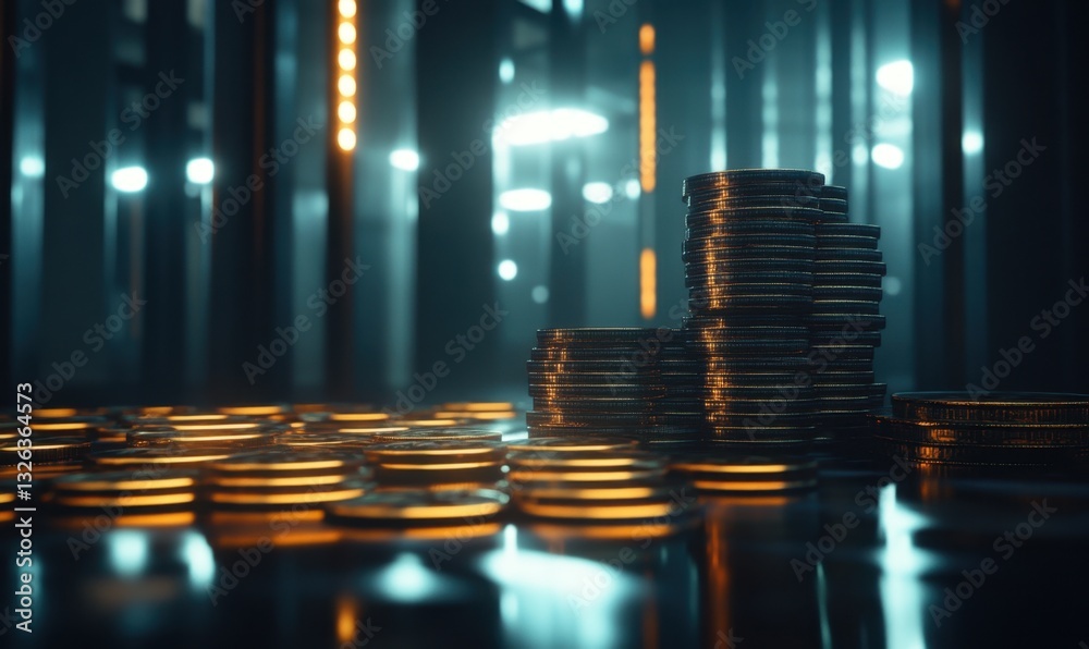 Gold coins stacked in dark, futuristic room with glowing lights Gold coins stacked in dark, futuristic room with glowing lights