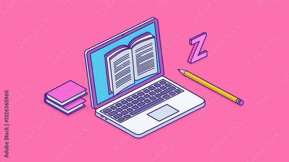 Laptop with Open Book and Stationery on Vibrant Pink Background Laptop with Open Book and Stationery on Vibrant Pink Background