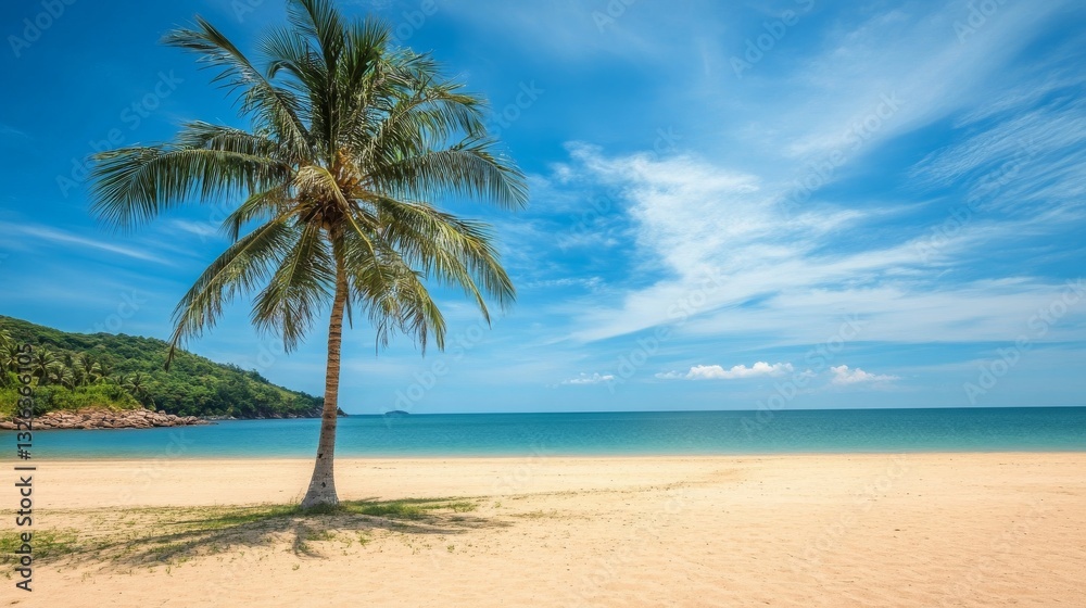 Tall coconut palm tree swaying over a pristine tropical beach with soft white sand and a turquoise sea. Exotic island paradise with crystal-clear water and blue sky on a sunny summer day. Tall coconut palm tree swaying over a pristine tropical beach with soft white sand and a turquoise sea. Exotic island paradise with crystal-clear water and blue sky on a sunny summer day.