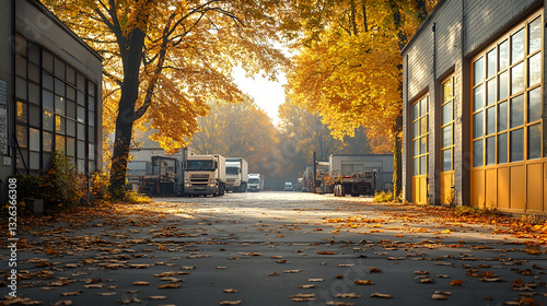 Autumnal industrial park, fall colors, sunlight