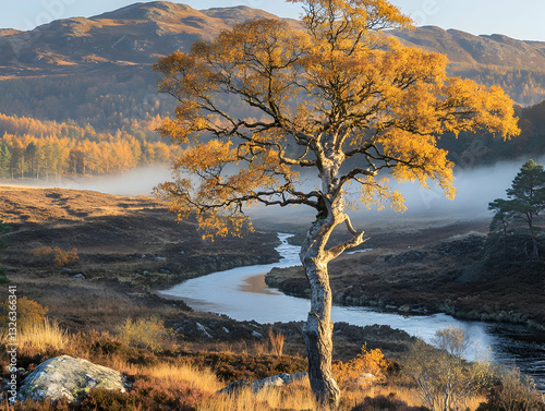 Autumnal landscape with a lone tree photo