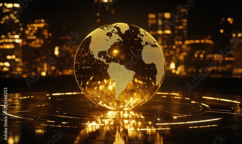 Golden globe on platform with city lights at night, digital art