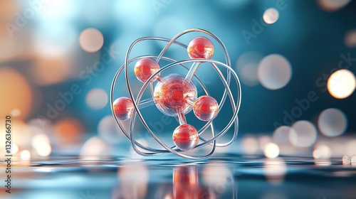 Stylized Representation of an Atom with Red Nucleus and Orbiting Electrons