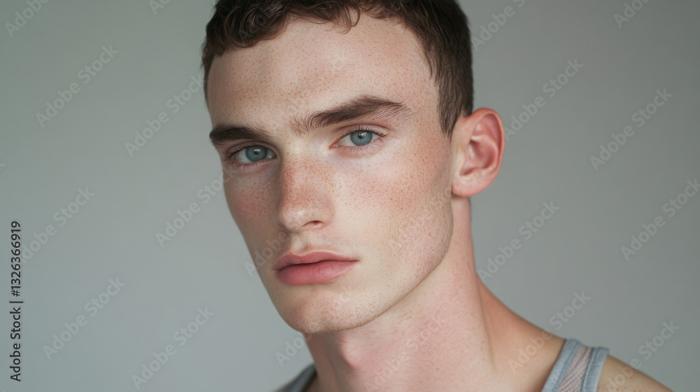 Fototapeta premium A man with a beard and blue eyes is wearing a gray tank top