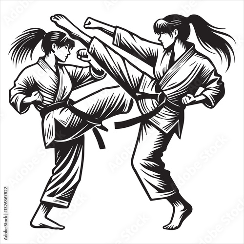 Taekwondo Martial Art Girl in Dynamic Karate Vector Art
