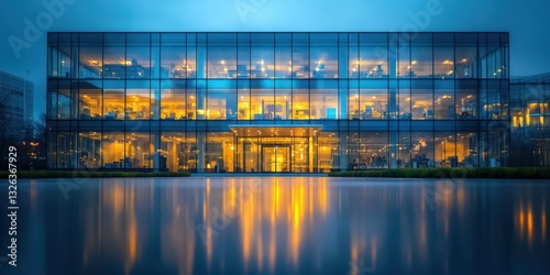 Modern glass building illuminated at dusk by city lights reflecting in serene water