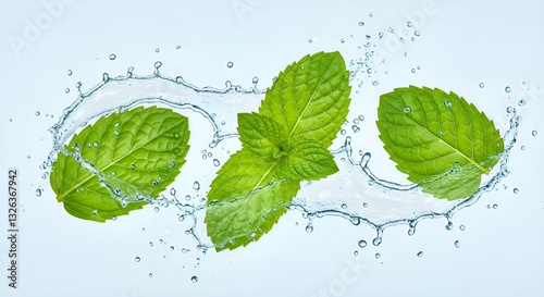 Fresh Green Mint Leaves with Realistic Texture & Water Splashes