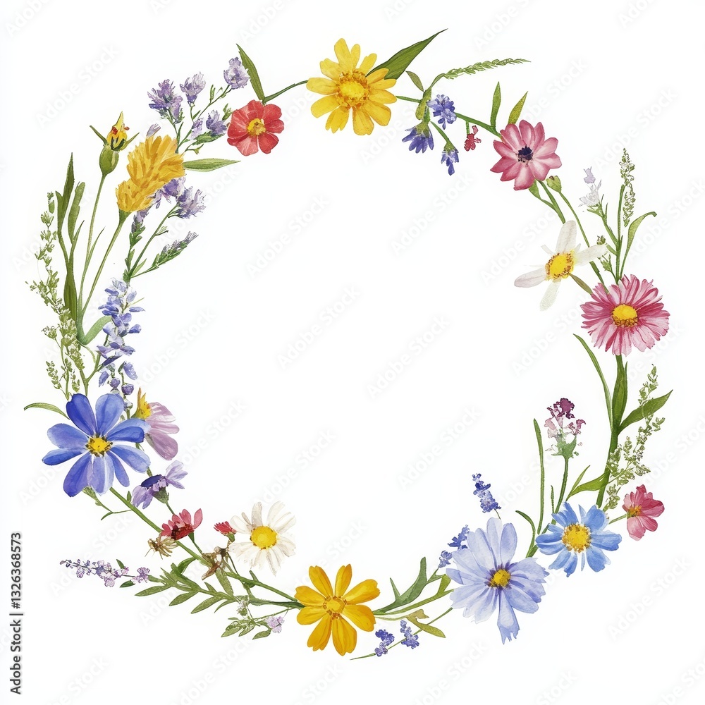 A wreath composed of hand drawn flowers in various colors, created in watercolor A wreath composed of hand drawn flowers in various colors, created in watercolor
