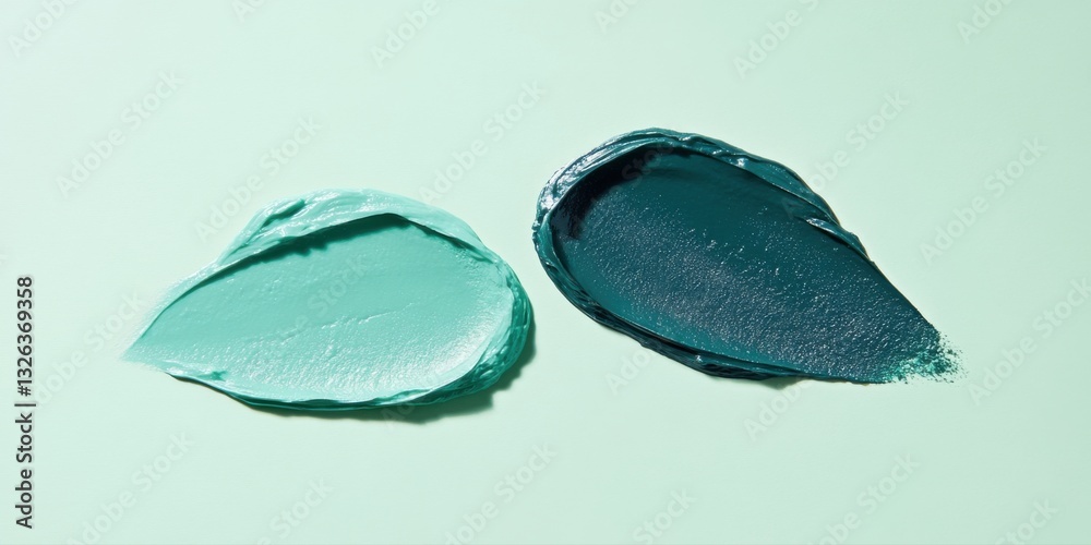 Obraz premium Two drops of mint and dark green oil paint on a white background, macro