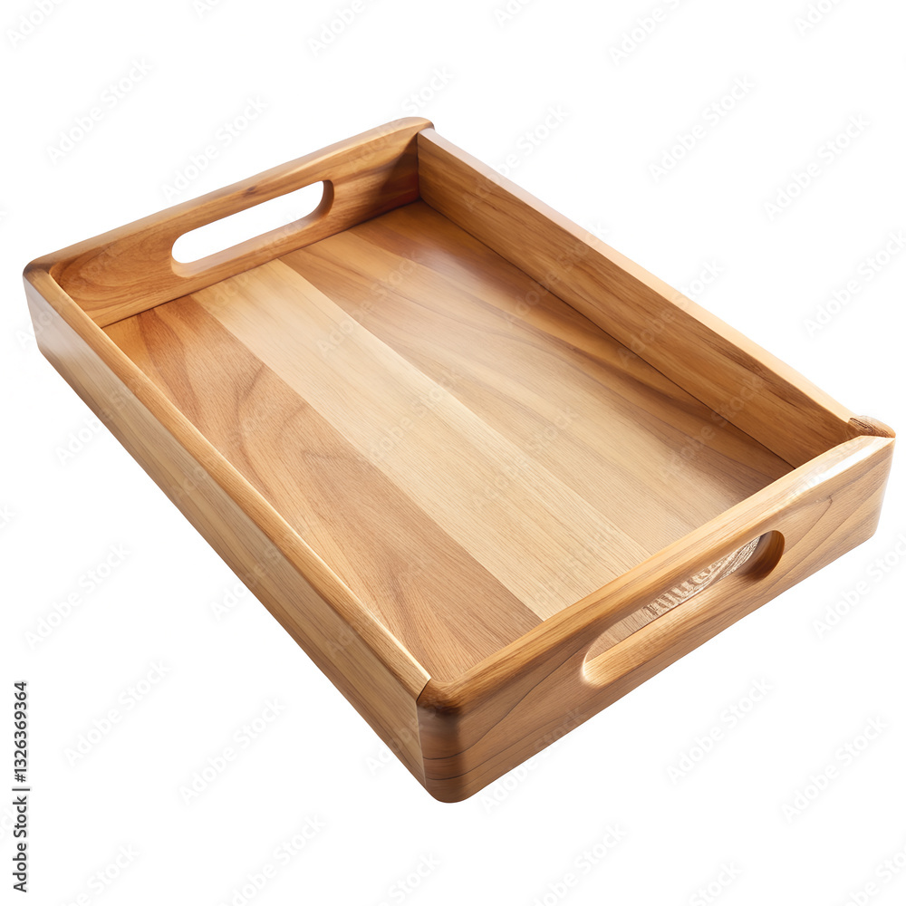 Wooden Serving Tray with Raised Edges and Cutout Handles on White Background Wooden Serving Tray with Raised Edges and Cutout Handles on White Background