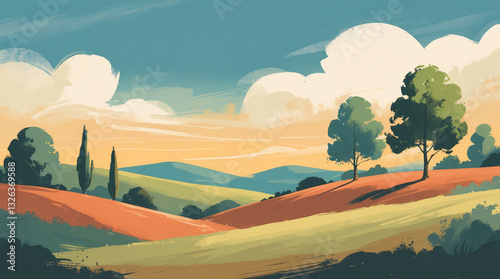 Beautiful flat illustration of a twilight hill with lush green grass bushes and trees in the scene classic and vintage illustration wallpaper photo