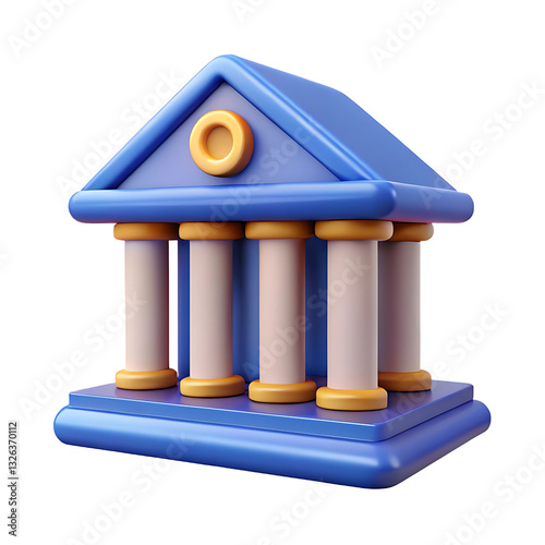 A Charming 3d Model Of A Classic Temple, Showcasing Simplified Architectural Details In A Playful, Vibrant Blue And Orange Palette Isolated on Transparent Background