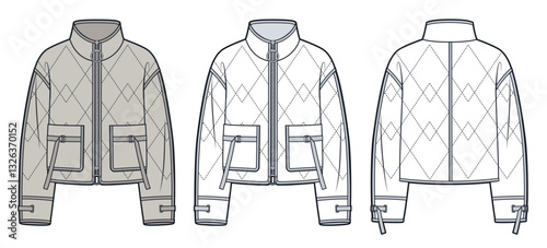 Quilted Bomber Jacket Technical Fashion Illustration. Down Jacket fashion flat technical drawing template, pockets, zipper, front and back view, white, beige, women, men, unisex CAD mockup set.