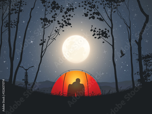 Couple sit in orange tent. Camping in mountains. Moonlight night, full moon